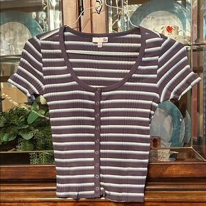 SO Striped Ribbed Button-Front Crop Top
